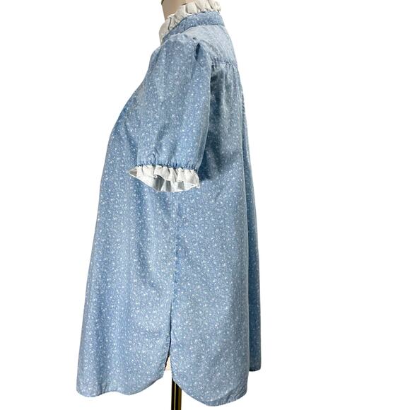 Vintage 80s Blue Top Best Times Floral Ruffle High Neck Smocked Blouse Medium - Picture 3 of 9